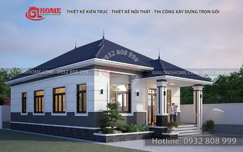 Thiết kế nhà cấp 4 mái Nhật ở Đắk Nông nhìn từ góc nghiêng, có mái che